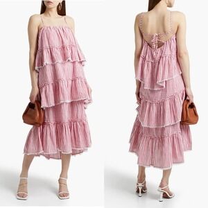 NWT CINQ À SEPT Avva tiered striped cotton midi dress Size 14